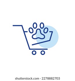 Pet store grocery products. Paw in a shopping cart. Pixel perfect, editable stroke line icon