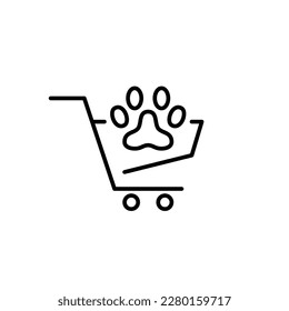 Pet store grocery products. Paw in a shopping cart. Pixel perfect, editable stroke icon