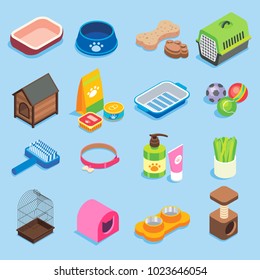 Pet store icon set. Vector flat isometric illustration of pet food supplies and treats, toys, collar, bedding accessories, kennels, pet carries, grooming kits, cat litter box, bowl and scratching post