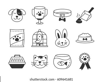 Pet store icons. Animal cartoon faces and accessories.