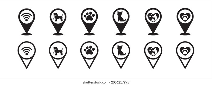 Juego de iconos de asignación de almacén de mascotas. Iconos de marcadores de mapa de posición veterinaria o de veterinaria.Contiene un icono como wifi, perro, gato, huella de garra.