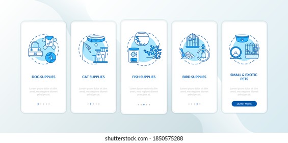 Pet store offers onboarding mobile app page screen with concepts. Animal care items to buy walkthrough 5 steps graphic instructions. UI vector template with RGB color illustrations