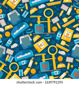Pet store products for cats, isolated flat style icons in seamless pattern, vector illustration. Wrapping paper print for animal shop, cat grooming, pet care accessories food and toys for kittens