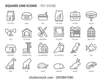 Pet store related, pixel perfect, editable stroke, up scalable square line vector icon set. 