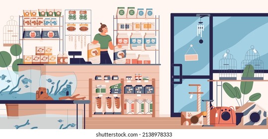 Pet store, retail shop interior with vendor, cashier behind counter desk, standing with cats and dogs feed, home animals goods, supplies on shelf. Petshop with zoo accessory. Flat vector illustration