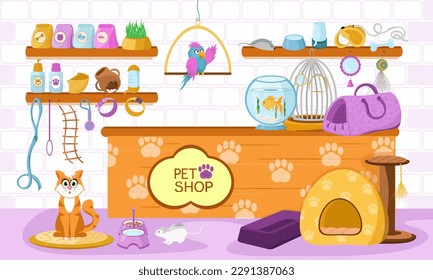 Pet store. Sale of accessories for pets. Vector illustration in cartoon style