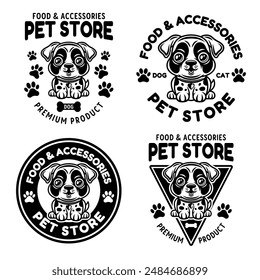 Pet store set of vector emblems concept with cute cartoon dog character illustration in black style isolated on white background