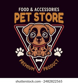 Pet store vector emblem concept with cute cartoon dog character illustration in colored style on dark background