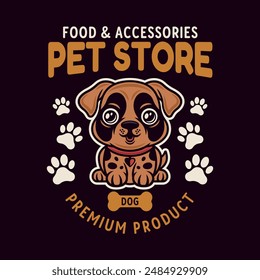 Pet store vector emblem concept with cute cartoon dog character illustration in colored style on dark background