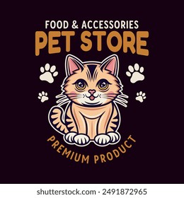 Pet store vector emblem concept with cute cartoon cat character illustration in colored style on dark background