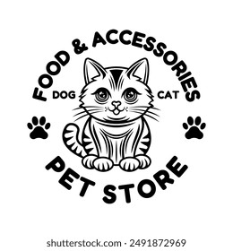 Pet store vector emblem concept with cute cartoon cat character illustration in black style isolated on white background