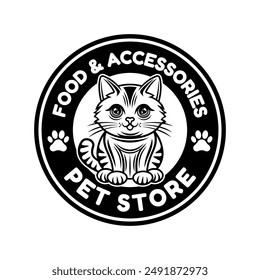 Pet store vector emblem concept with cute cartoon cat character illustration in black style isolated on white background