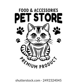 Pet store vector emblem concept with cute cartoon cat character illustration in black style isolated on white background