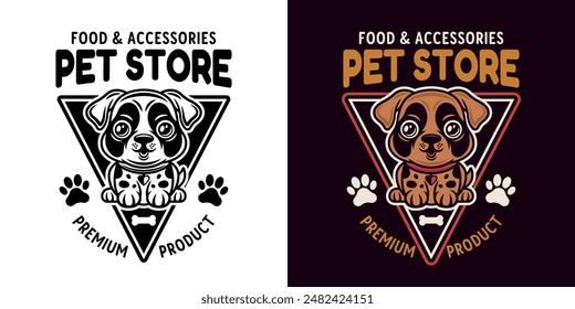 Pet store vector emblem with cute cartoon dog character illustration in two styles black and white and colored