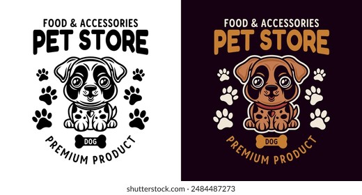 Pet store vector emblem with cute cartoon dog character illustration in two styles black and white and colored