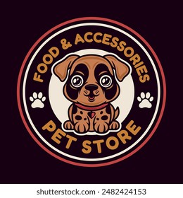 Pet store vector round emblem concept with cute cartoon dog character illustration in colored style on dark background