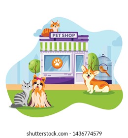 Pet Store Or Vet Clinic Facade Vector Flat Cartoon Illustration. Cats And Dogs Sitting Near Animal Shop Building.