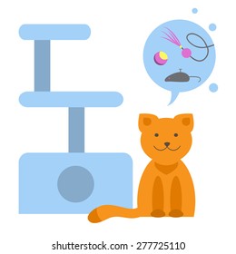 Pet stuff. Cat With Different Toys. Vector flat illustration. 