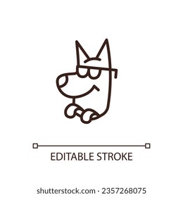 Pet in sunglasses linear icon. Dog personality. Good treatment. Vet clinic. Happy puppy. Grooming salon. Thin line illustration. Contour symbol. Vector outline drawing. Editable stroke