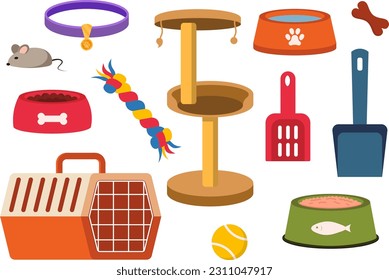 Suministros de mascotas, colección de accesorios. Ilustración de vectores en estilo plano