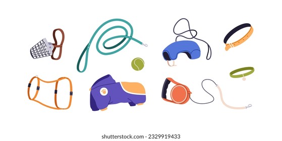 Pet supplies, accessories set. Collar with bell, leash, clothes, feline harness, canine muzzle, ball toy for cats and dogs. Animals goods. Flat vector illustrations isolated on white background