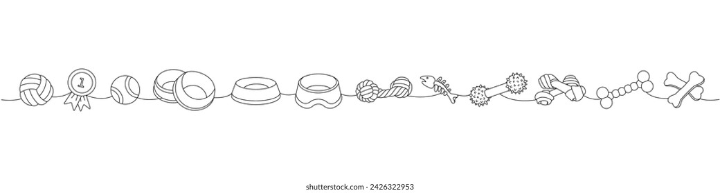 Pet supplies. Ball toy, first place medal, tennis ball, pet toy, dog chew toy, fish bone skeleton, dog tug, bones continuous one line illustration.