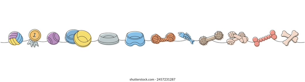 Pet supplies. Ball toy, first place medal, tennis ball, pet toy, dog chew toy, fish bone skeleton, dog tug, bones continuous one line illustration.