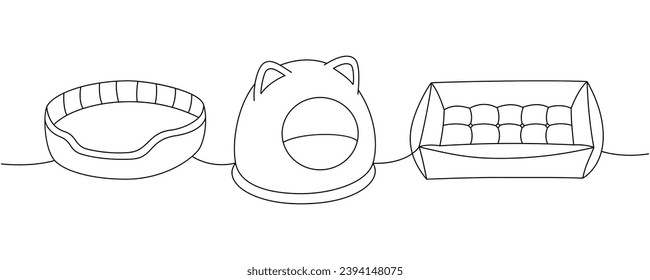 Suministros de mascotas. Cama de mascotas, almohada cojín, casa de perros, cama de gato, ilustración continua de una línea. Ilustración lineal vectorial.