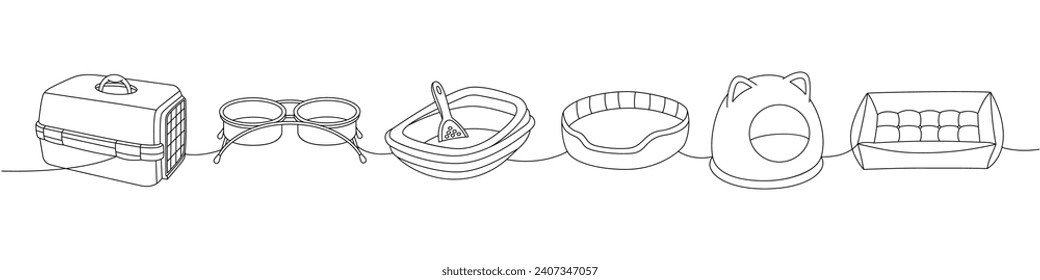 Pet supplies. Carrying case, dogs bowl, pet toilet, cat litter box, pets bed, cushion pillow sleep, dog house continuous one line illustration.