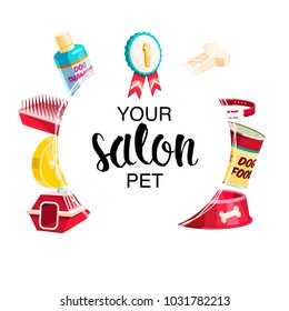 Pet supplies cartoon circle composition for sales and banner vector illustration for pet shop