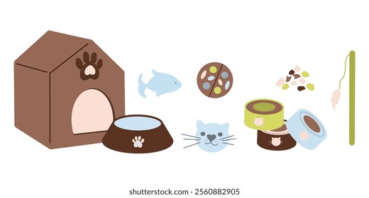 Pet supplies clip art, pet accessories clipart, pet bed, toy, canned food, fish, paw, pet bowl. Green, blue, vector illustrations