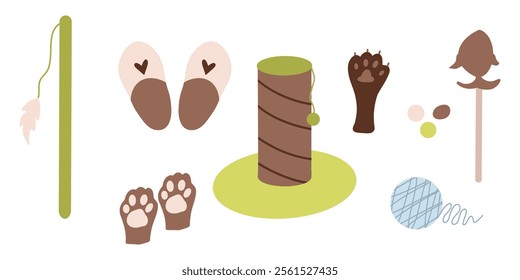 Pet supplies clip art, pet accessories clipart, paw, fish, slippers, scratching post. Green, blue, vector illustrations