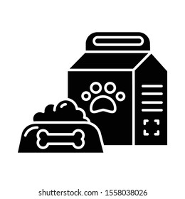 Pet supplies glyph icon. Animal food products in bowl, package. Dog, cat treat. E commerce department, online shopping categories. Silhouette symbol. Negative space. Vector isolated illustration