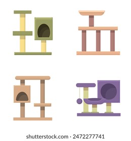 Pet supplies icons set cartoon vector. Scratching post and cat house. Pet store assortment