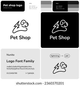 El logotipo comercial de la mascota es monocromo. Nombre de la marca. Entrenamiento de cachorros. Silueta de perro con símbolo de relámpago. Elemento de diseño. Identidad visual. Fuente de Nunito utilizada. Adecuado para la clase de perro, clínica de veterinaria