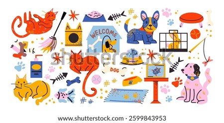 Pet supplies set. Cartoon collection of accessories for cats, dogs. Food bowls, toys, collars, leashes, beds, and cages. Fun vibrant retro doodle style stickers for pet lovers and veterinary shops.
