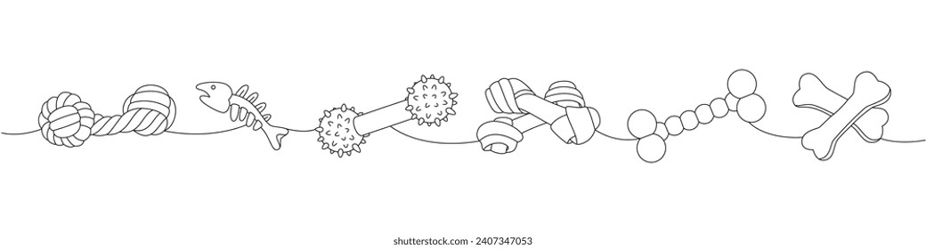 Set für Heimtierbedarf. Spielzeug für Hunde, Knochen-Skelett, Hundebahn, Knochen, eine zusammenhängende Illustration. Lineare Vektorgrafik.