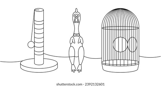 Pet supplies set one line continuous drawing. Cat tower, cat scratch post, rubber chicken toy, bird cage continuous one line illustration.
