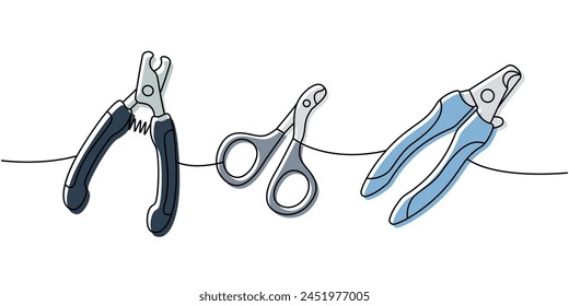 Pet supplies set. Scissors for pets grooming, pet nail clippers continuous one line illustration. Vector linear illustration.