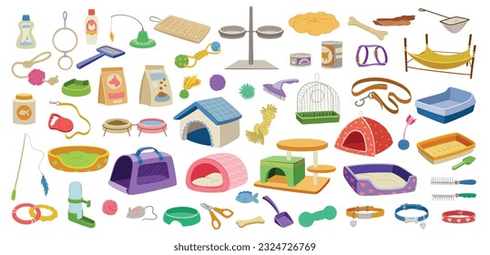 Pet supplies set. Veterinary shop elements food and bowls, toys, cages, trays, beds and collars. Pet care for cats and dogs, fish and birds. Cartoon flat vector collection isolated on white background