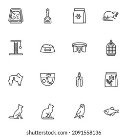 Pet supplies store line icons set, pet shop outline vector symbol collection, linear style pictogram pack. Signs logo illustration. Set includes icons as bird cage, animal food, dog clothes, scratcher