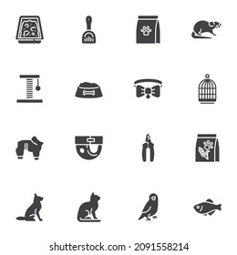 Pet supplies store vector icons set, modern solid symbol collection, pet shop filled style pictogram pack. Signs logo illustration. Set includes icons as bird cage, animal food, dog clothes, scratcher