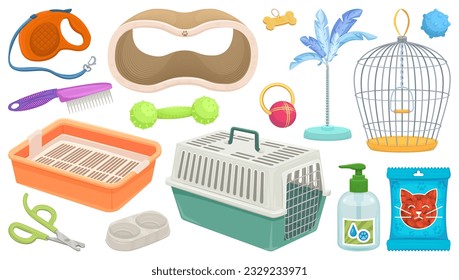Pet supplies. Veterinary shopping products, pets accessories items kit for dog and cat domestic animals treat, toys puppy food shampoo leash cartoon vector illustration of veterinary animal supplies