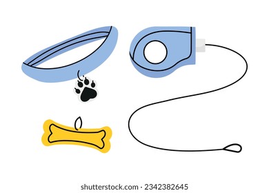 Pet Supplies and Walking Gear Collection: buckle collar, lead and bone shaped identification tag.