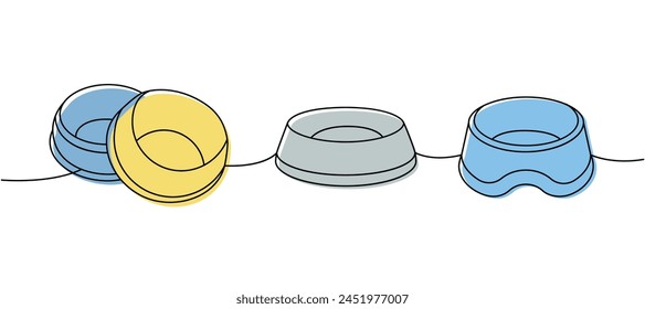 Pet supply assortment. Pet bowl, dog bowl continuous one line illustration. Vector linear illustration.