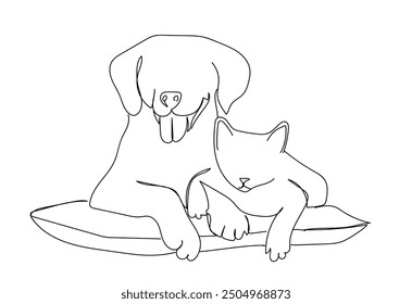 Pet symbol with cat and dog profiles. For pet shop, hotel, veterinarian in black color. Continuous one line drawing. Vector illustration. 