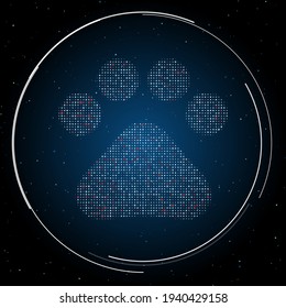 El símbolo de mascota relleno de puntos blancos. Estilo de puntillismo. Algunos puntos son rojos. Ilustración vectorial sobre fondo azul con estrellas