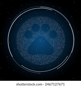 El símbolo de mascota lleno de puntos blancos. Estilo puntillismo. Algunos puntos son rojos. Ilustración vectorial sobre fondo azul con estrellas