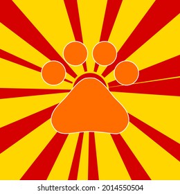 Pet symbol on a background of red flash explosion radial lines. The large orange symbol is located in the center of the sun, symbolizing the sunrise. Vector illustration on yellow background