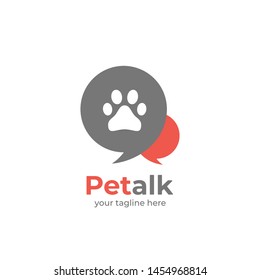 Pet talk logo, pet forum club discussion chat logo with dog cat paw inside bubble speak illustration